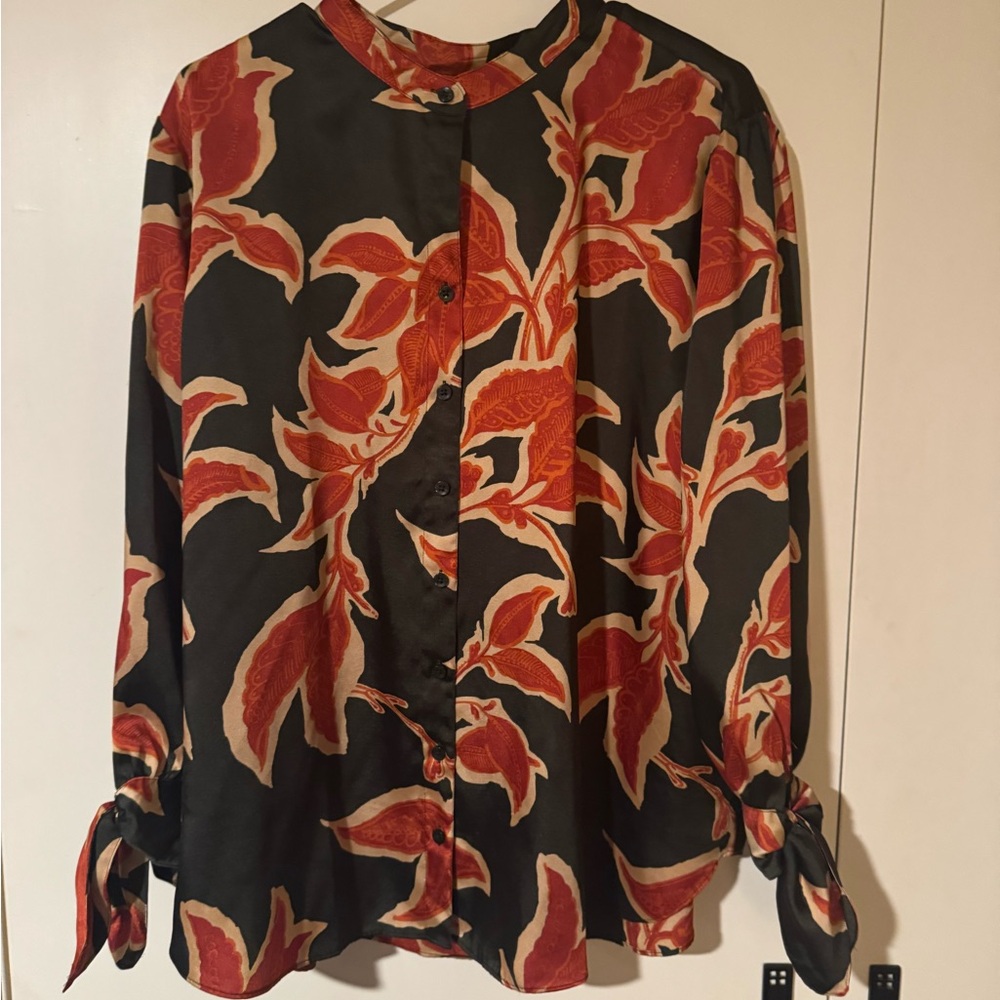 Chico's Elegant Black and Red Leaf Print Blouse